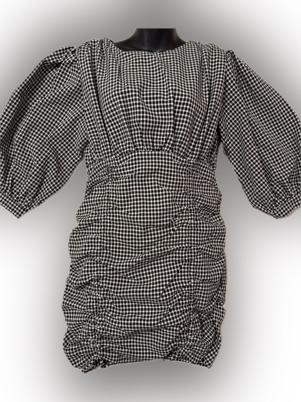 Whiteroom + Cactus Black & White Gingham Ruched Puff-Sleeve Dress size M